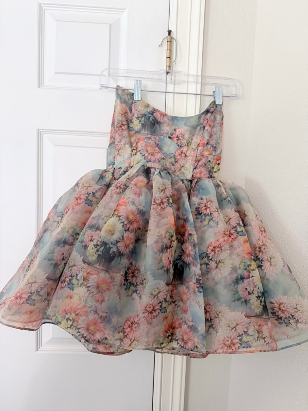 Selkie Pastel Floral Organza Mini Dress in Pink & Blue